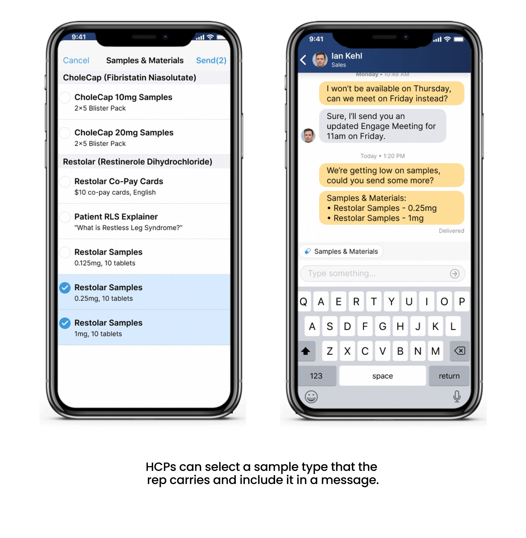 HCPs can select a sample type that the rep carries and include it in a message.